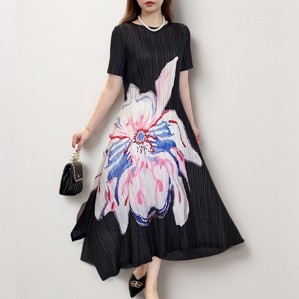 High-end dress large size female fat mm middle-aged mother dress printed loose short-sleeved a-word skirt thin pleated skirt