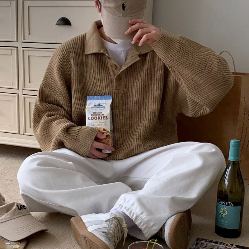 maoxiangshop-shop men winter outfits All-Match Polo Collar Long-Sleeved Sweater Men's Autumn New Korean Style Loose Lapel Sweater Top