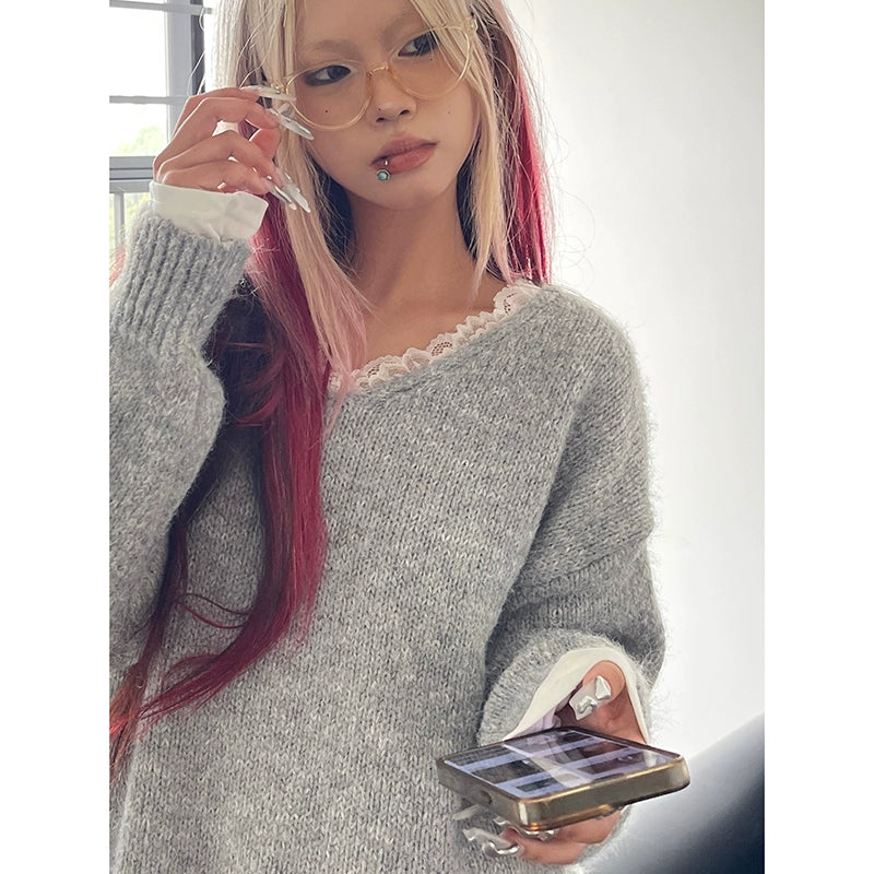 Sweet Lazy Lace Splicing V-Neck Knitted Sweater Women's Autumn and Winter Pullover Loose and Skinny Outer Top
