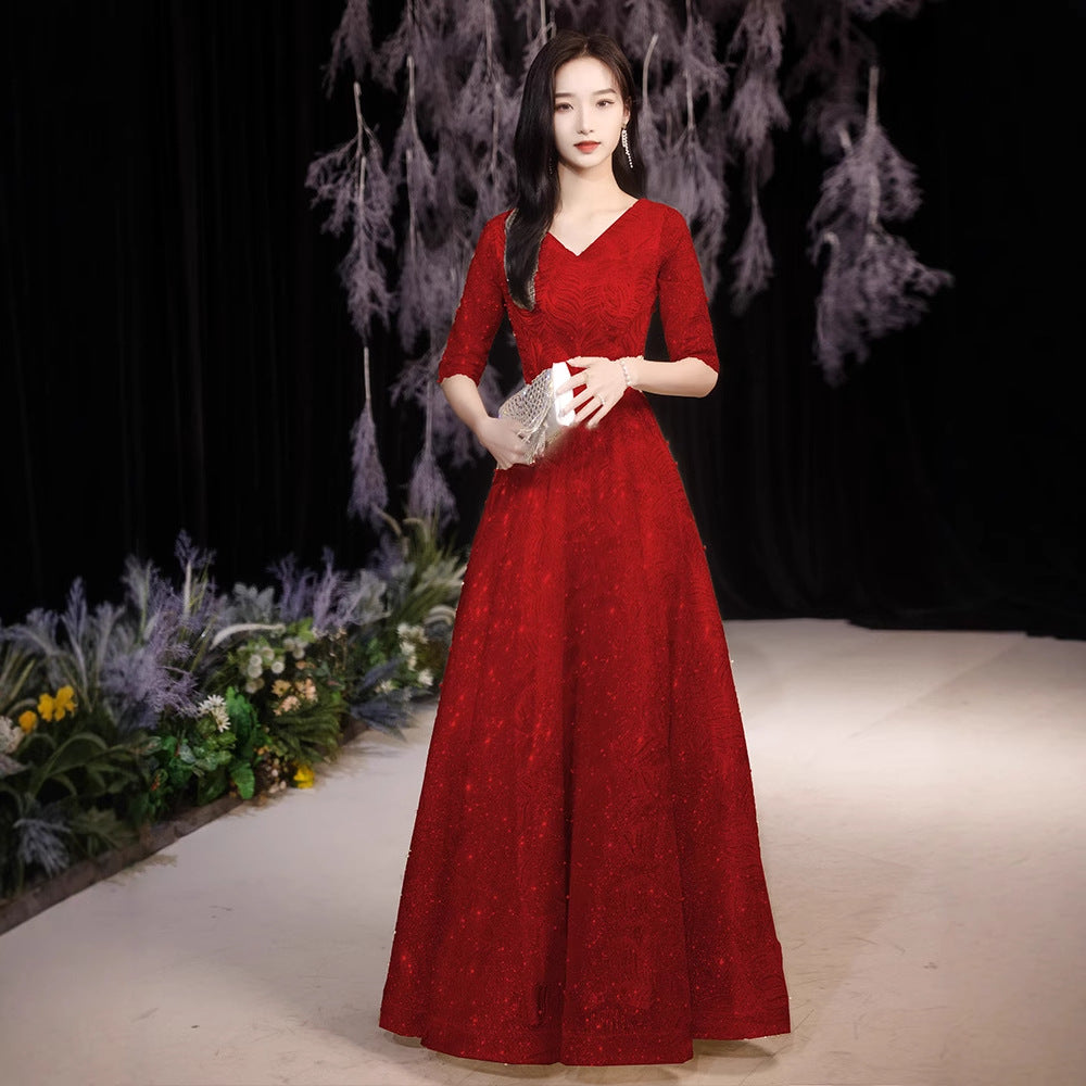 Golden Performance Dress Dress Women's Banquet Starry Sky Annual Meeting Host People's Congress Choir Performs Evening Dress Dress
