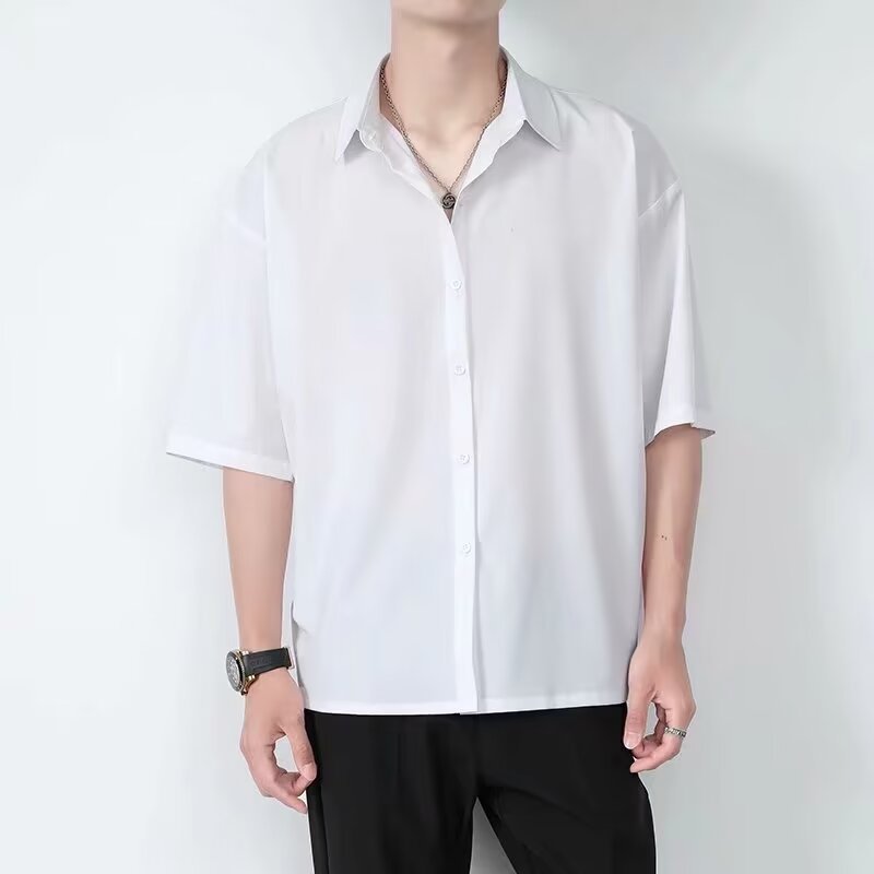 maoxiangshop-shop guy outfits Ice Silk Shirt Men's Short-Sleeved Summer Fashion Brand Men's Casual Jacket High-Grade Ruan Handsome Half-Sleeve Black Shirt