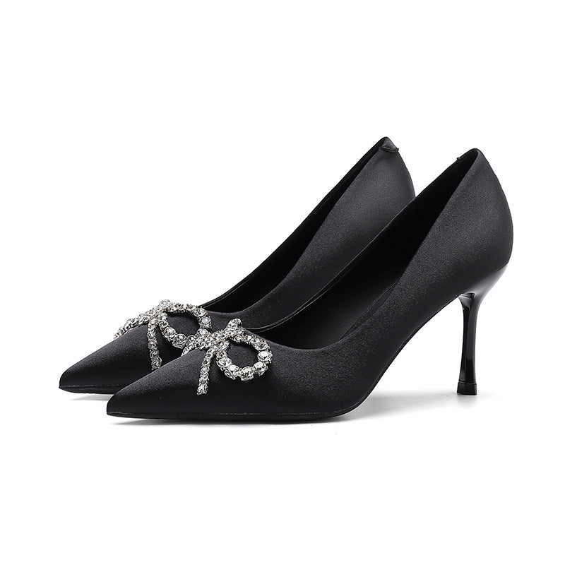 2025 811-B3 sexy suede bow rhinestone single shoes 2025 women's winter new pointed thin heel Korean version high heels