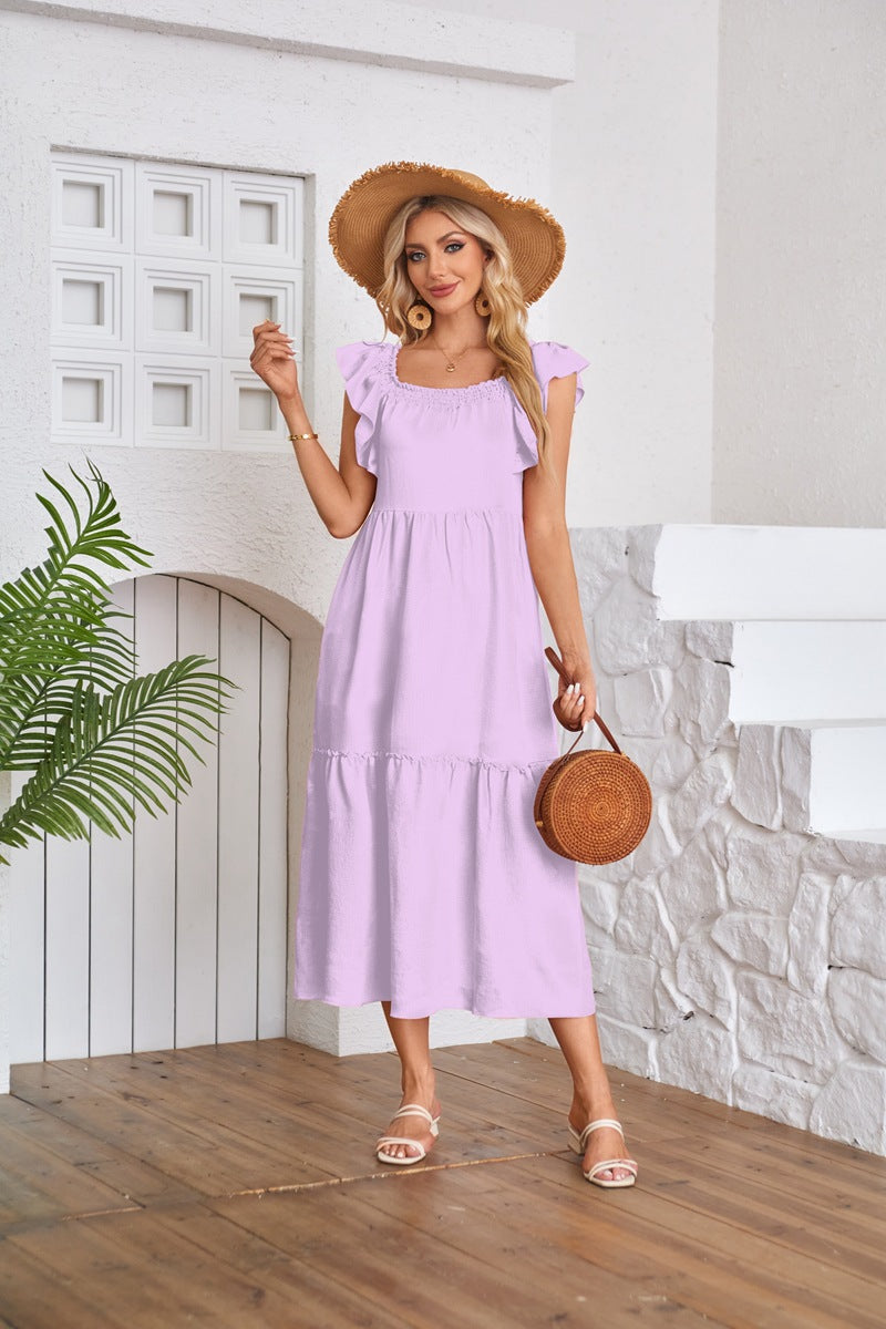 maoxiangshop Women's Clothing Flying Sleeve Square Neck Off-shoulder Pleated Hem Dress
