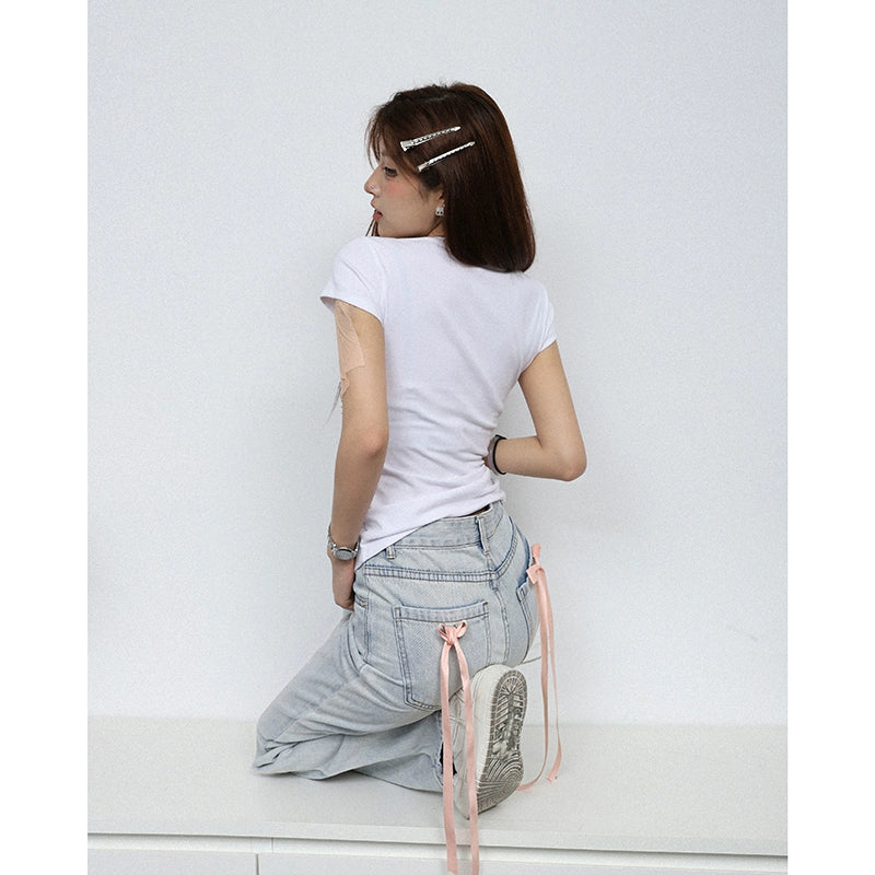 Paper Man Simple Versatile T-Shirt Summer popular New Crew Neck Front Shoulder Elastic Short Sleeve Top Women