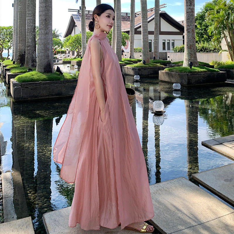 Seaside vacation Sanya travel wear high-end fairy temperament streamer sleeveless neck dress loose long dress