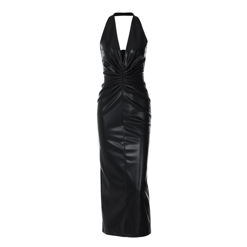 maoxiangshop-shop dress to impress PU Leather High-Grade Elegant Halter Dress New Nightclub Hot Girl Sexy Deep V Backless Sheath Dress