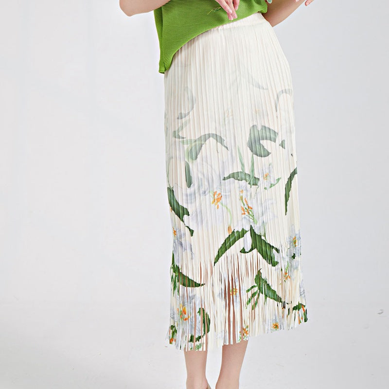 Shenzhen Nanyou high-end women's clothing fringed skirt spring women's skirt printed elastic waist Sanzhai one-step hip wrap skirt