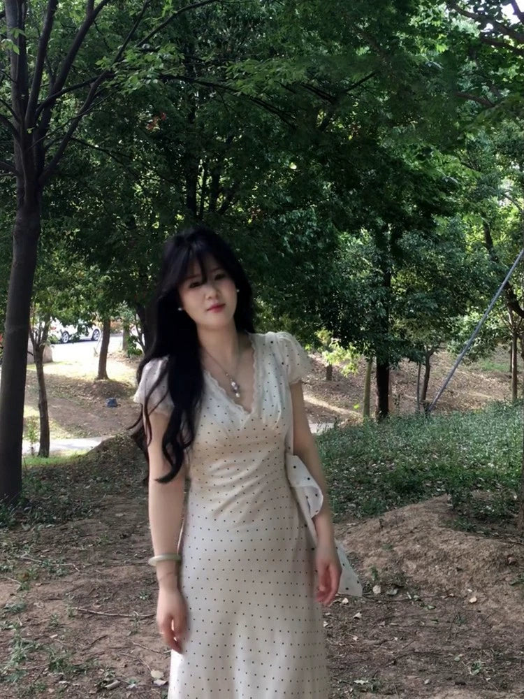 lace edge v-neck apricot polka dot dress summer new temperament slim purple satin dress