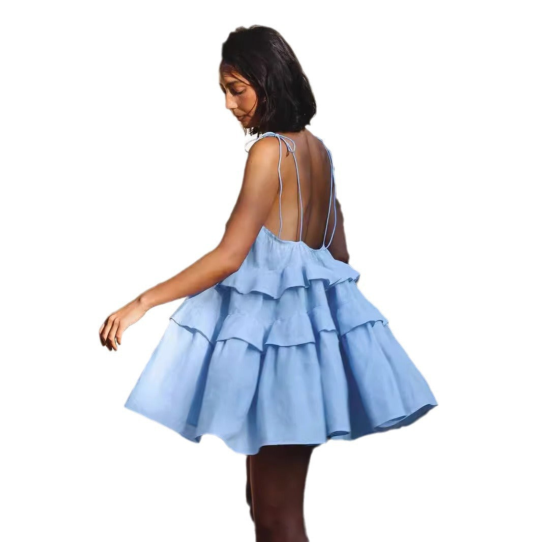 august outfits Sling Dress Summer Multi-Layer Ruffled Cake Skirt Short Backless Sling Dress