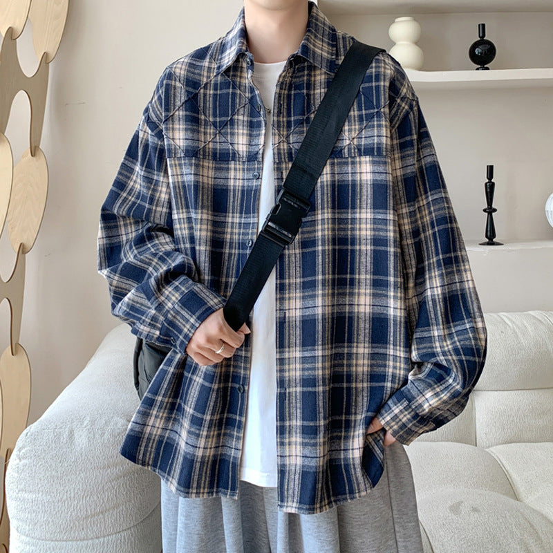 maoxiangshop-shop mens fall outfits Plaid Shirt Men's New Four Seasons Loose Retro Brushed Long Sleeve Shirt Korean Casual plus Size Coat