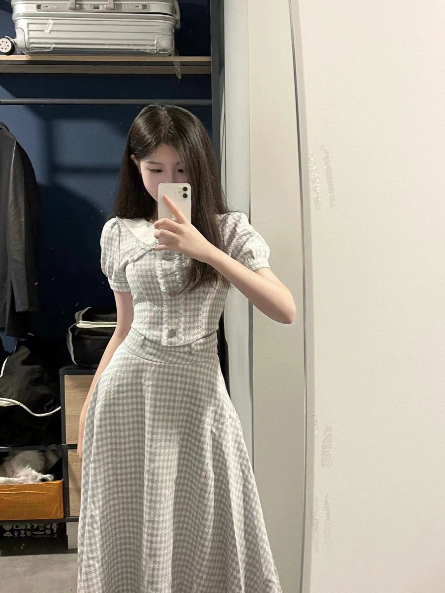 Shanhai "Heart of the Ocean" Summer New Doll Collar Xiaoxiangfeng Short Sleeve Top Plaid Set Skirt Women's Two-piece Set