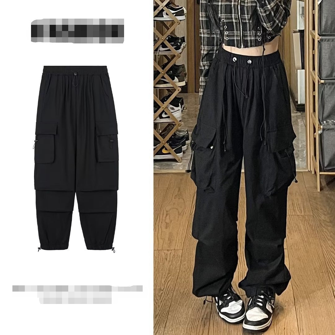 maoxiangshop-shop tomboy outfit Spring Drawstring Ankle-Tied Men's Japanese Retro Loose Large Pocket Straight Overalls Wide Leg Pants Simple All-Match
