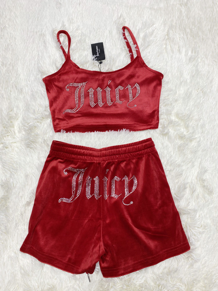 maoxiangshopJuicy Apple Velvet 2 Piece Set Women Outfits Sexy Fashion Tube Crop Top Drawstring Shorts Set Loose Summer Clothes Y2k Tracksuit