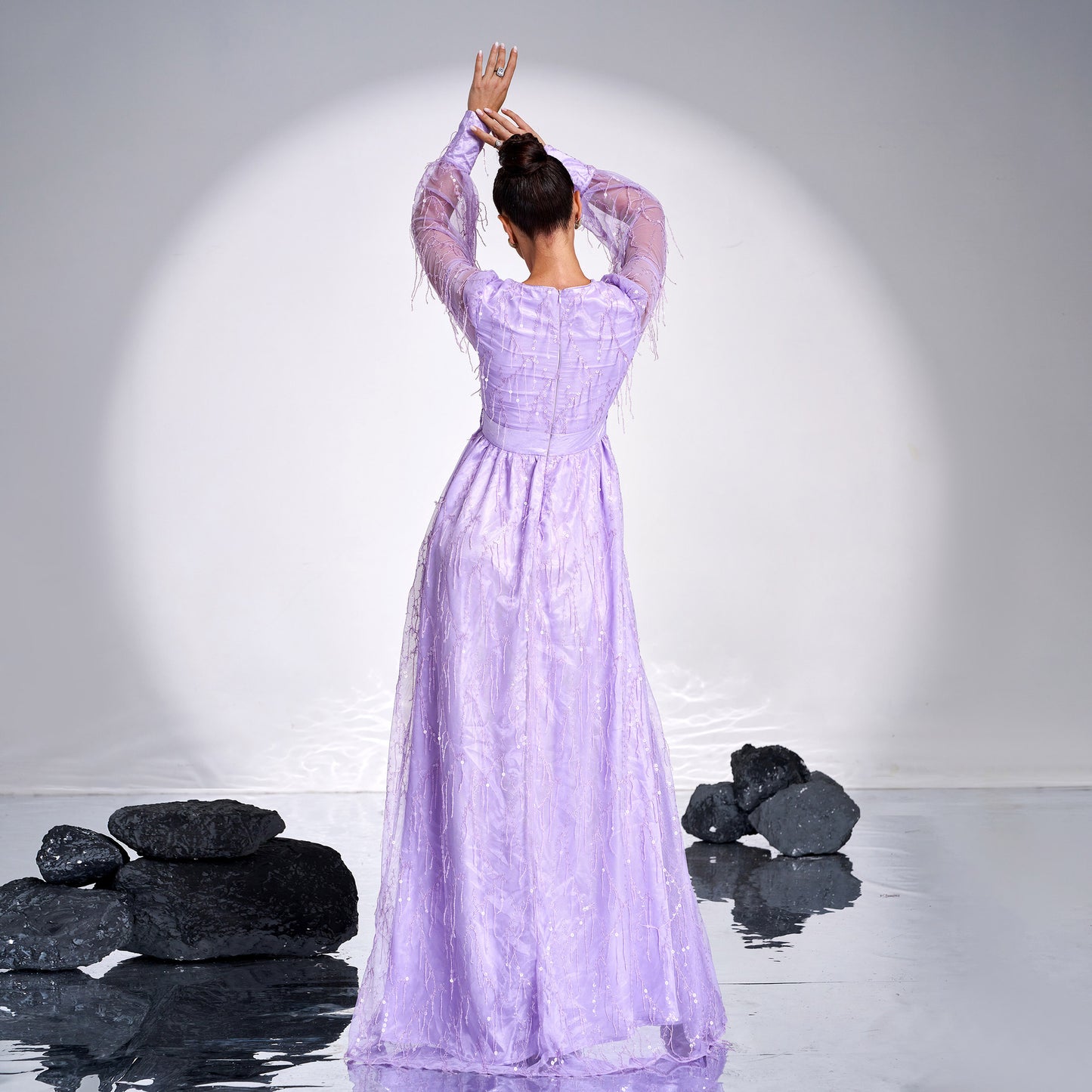 2025 high-end long-sleeved temperament V-neck sexy sequined banquet big swing evening dress bridesmaid dress dress women