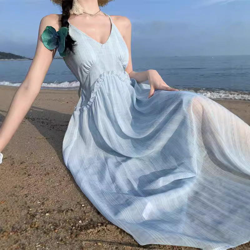 2025 Blue sleeveless suspender dress children's summer new high-end super fairy seaside vacation beach dress