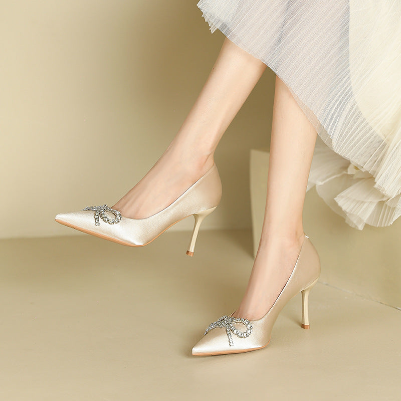 2025 811-B3 sexy suede bow rhinestone single shoes 2025 women's winter new pointed thin heel Korean version high heels