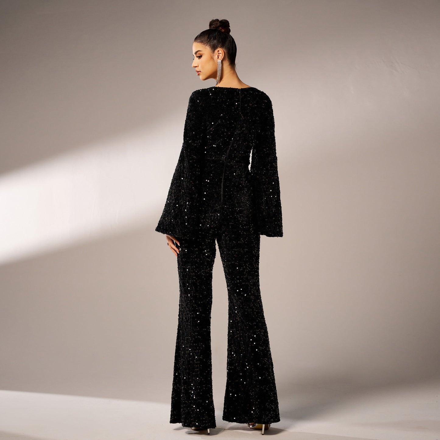 2025 women's clothing Middle East new high-end long-sleeved square collar slim-fit hip-wrapped banquet sequined evening dress jumpsuit