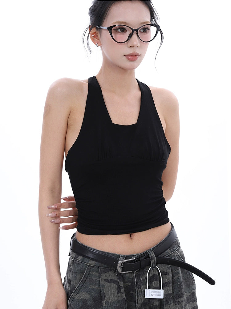 Sexy Pure Backless Short Spice Girl Design Sense Beautiful Back Neck Wear Sleeveless Neck Strap Top