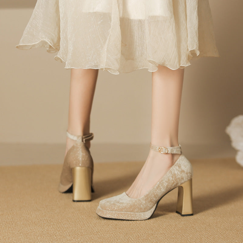 2025 8126-6 one-word square head thick heel Mary Jane shoes female Korean version fairy wind suede high heels waterproof table single shoes