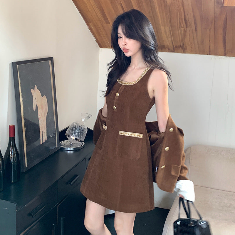 2025 popular autumn and winter new Korean version high waist elegant polished vest dress solid color bottom skirt 88122