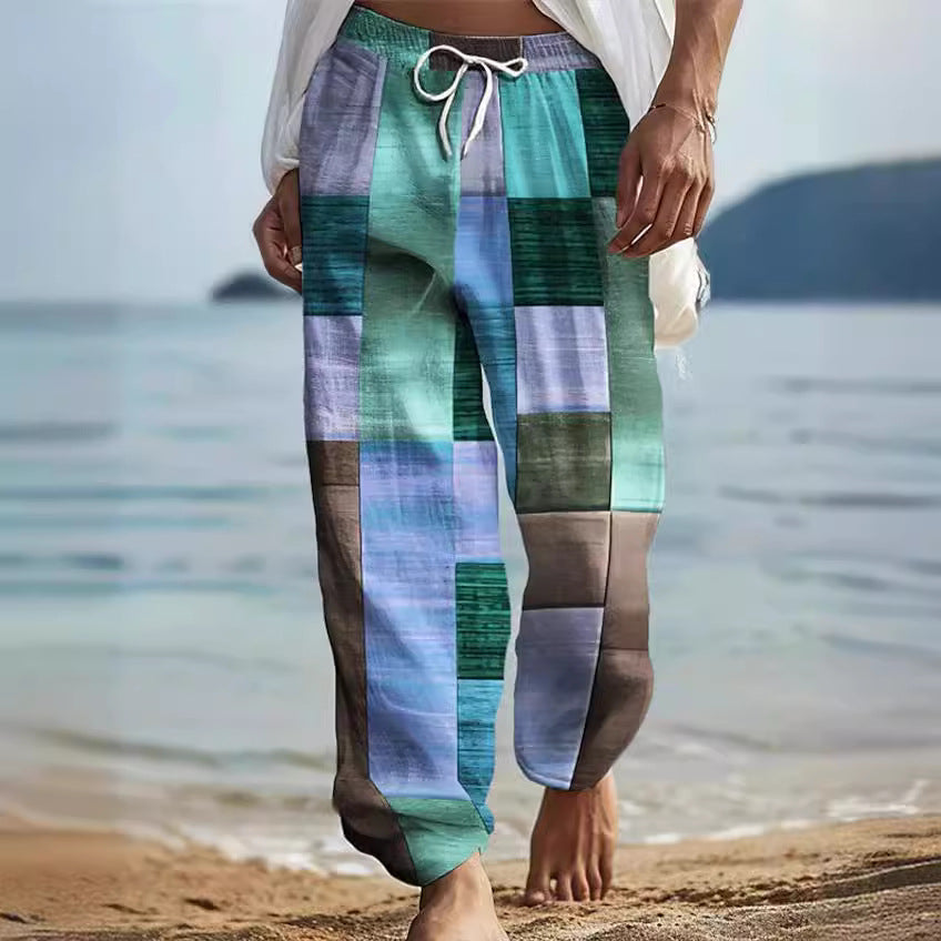maoxiangshop fall outfits aesthetic New Men's Striped Printed Wide-Leg Pants 3D Printed Loose Casual Beach Trousers