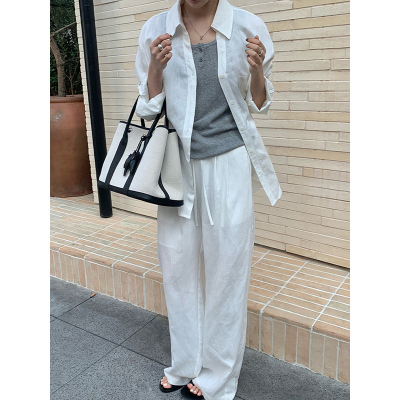 2025 Tencel linen shirt + drawstring casual pants 2025 spring and summer senior simple two-piece set T089