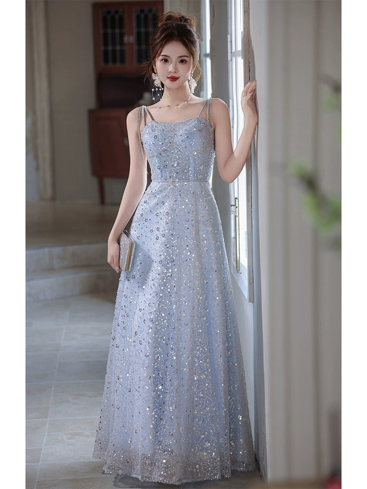 suspender evening dress women's new high-end sequins banquet elegant dress high-end light luxury niche