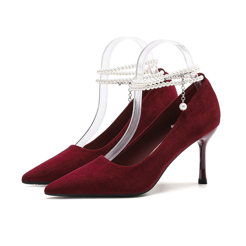 2025 811-B2 one-word pearl suede single shoes women's pointed head stiletto high heels sexy bride bridesmaid Xiuhe wedding shoes