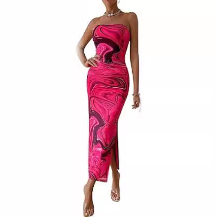 maoxiangshop 2024 Women's Clothing Spring and Summer New Tube Top and Hem Slit Sleeveless Printed Dress
