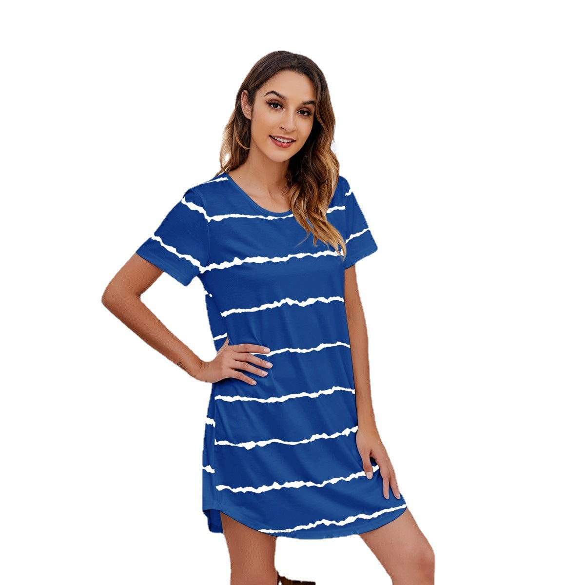 MAOXIANGSHOP 2025Real 2025 new products Popular trade wish short-sleeved striped loose T-shirt crew neck, pajamas dress large size