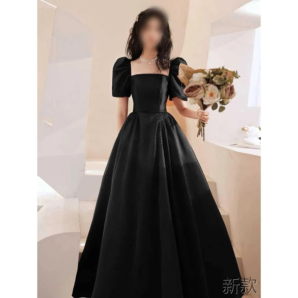 2025 Black banquet evening dress light luxury niche high-end long satin adult gift surface birthday host art test gift new model