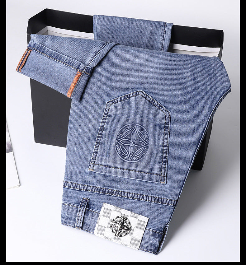maoxiangshop Spring Summer New Blue Men's Cotton Jeans Slim Elastic Ltaly Eagle Casual Fashion Trousers Male Classic Jeans Denim Pants