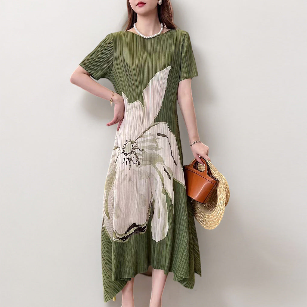 High-end dress large size female fat mm middle-aged mother dress printed loose short-sleeved a-word skirt thin pleated skirt