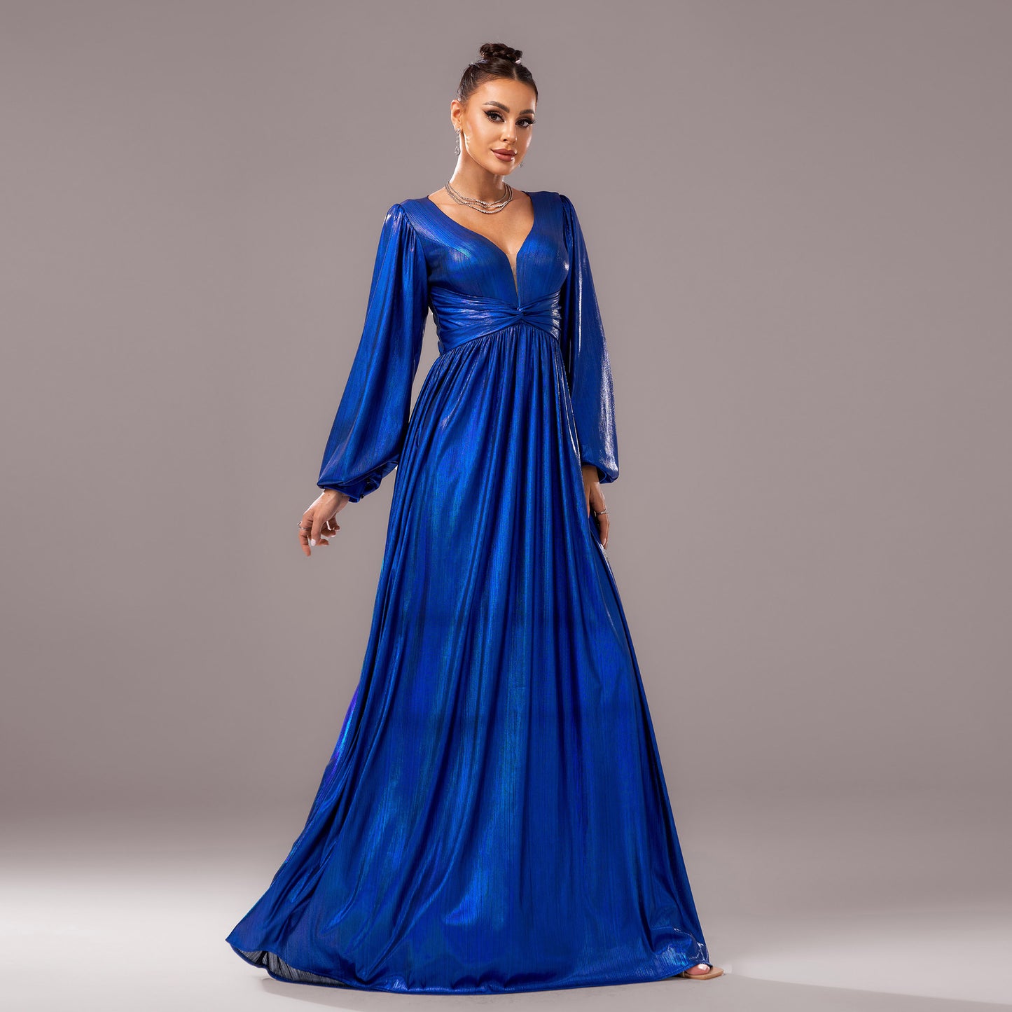 2025 new high-end long-sleeved V-neck banquet bronzing waist pendulum evening dress bridesmaid dress women