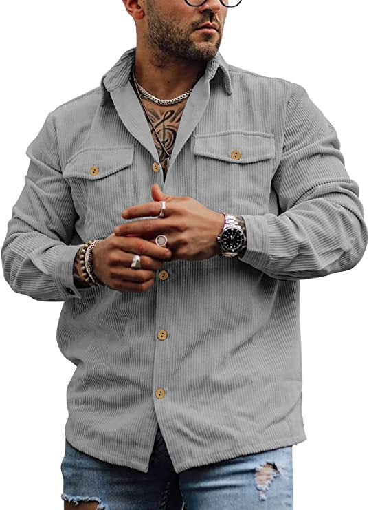 maoxiangshop-shop masculine men Men's New Corduroy Fashion Workwear Jacket Striped Casual Jacket Retro Double Pocket Versatile Shirt