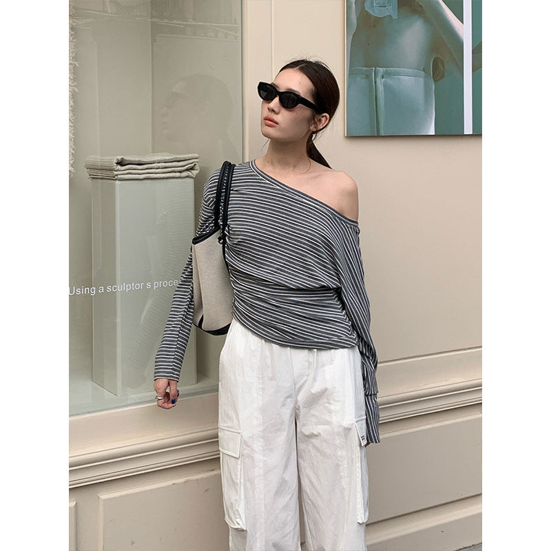 2025 Tencel striped contrasting color long-sleeved T-shirt women's 2025 spring new pleated versatile top T268