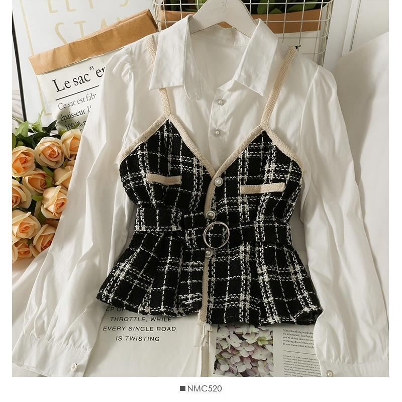 maoxiangshop-shop work outfits women Korean Style Retro Contrast Color Stitching Tweed Fake Two-Piece Shirt Women's Autumn High Waist Lace-up Slim Lapel Long Sleeve Top