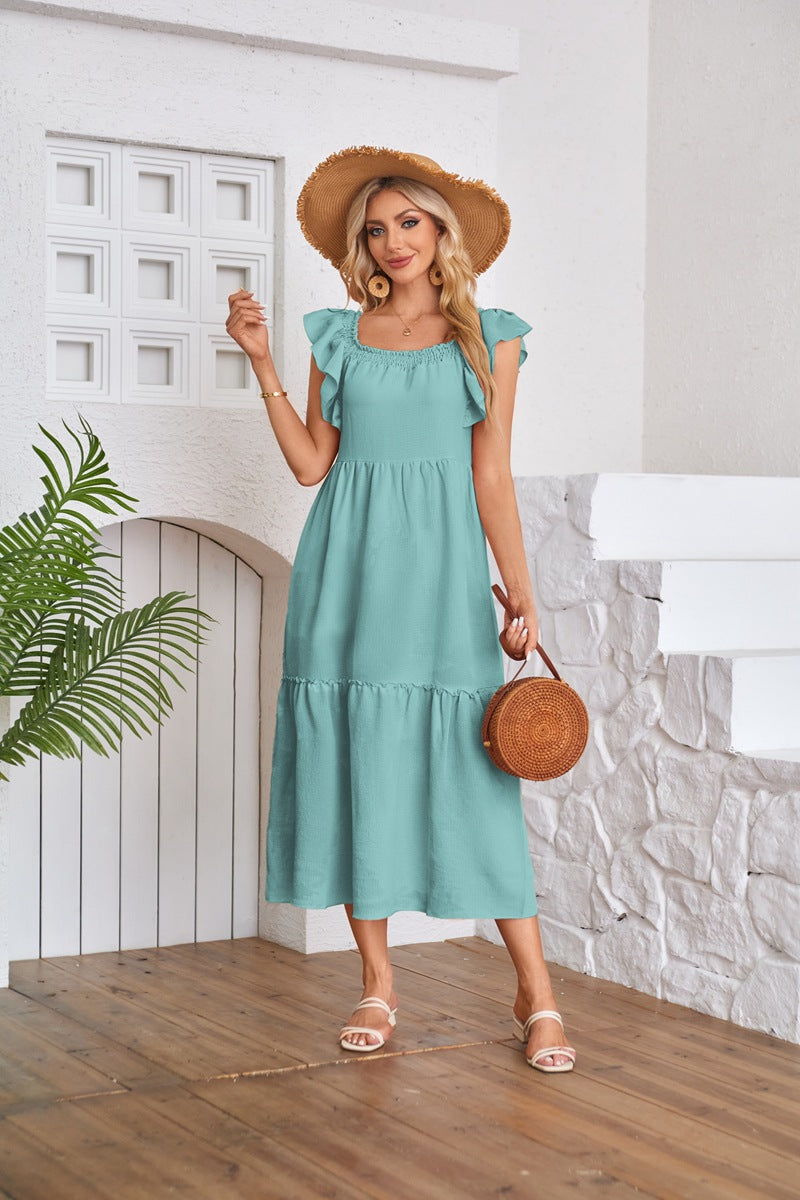 maoxiangshop Women's Clothing Flying Sleeve Square Neck Off-shoulder Pleated Hem Dress