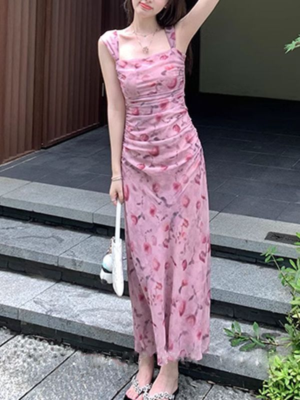 Pink sling floral dress for women summer new long style slim fit waist long dress