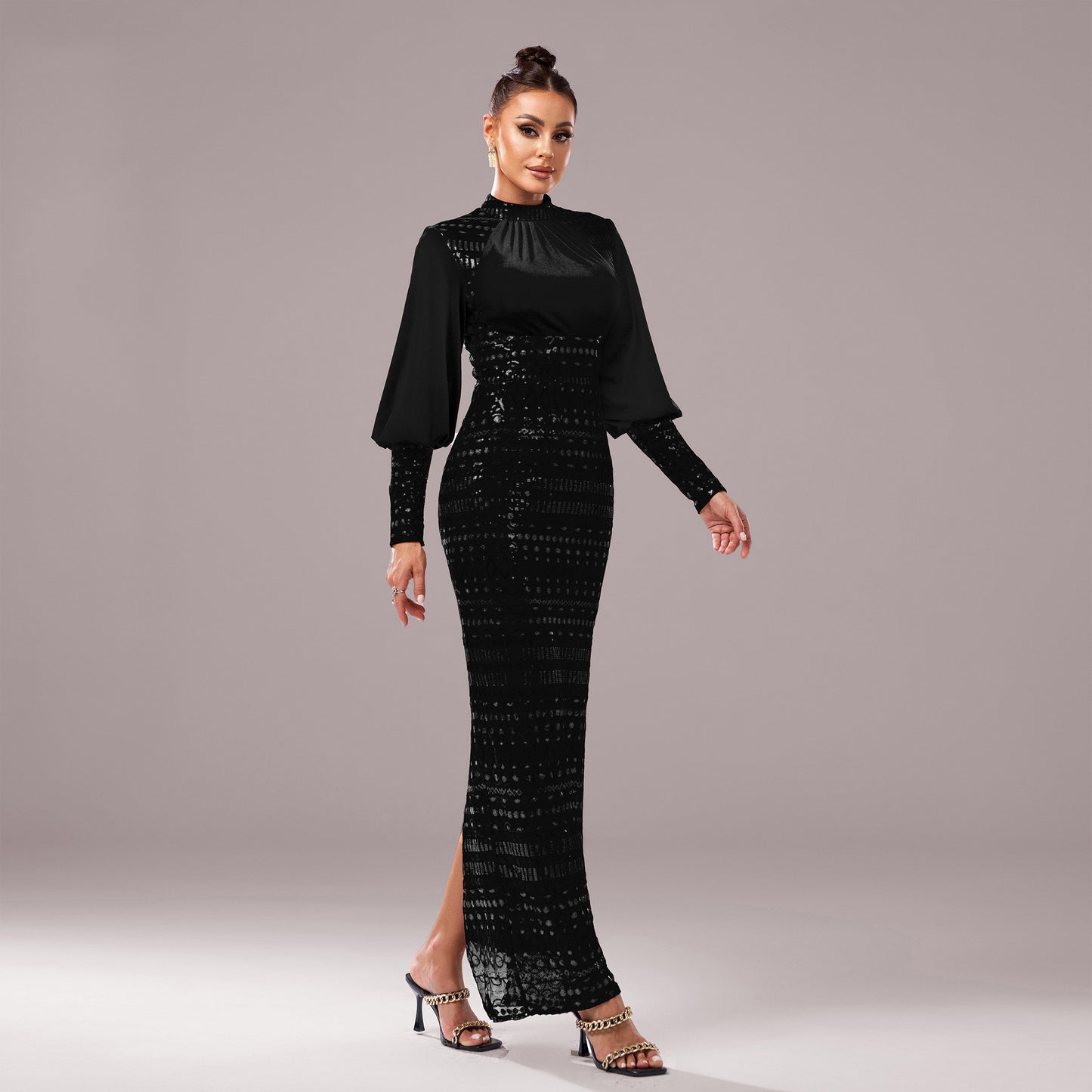 2025 new high-end long-sleeved crew neck banquet sequined hip-wrapped split evening dress bridesmaid dress women