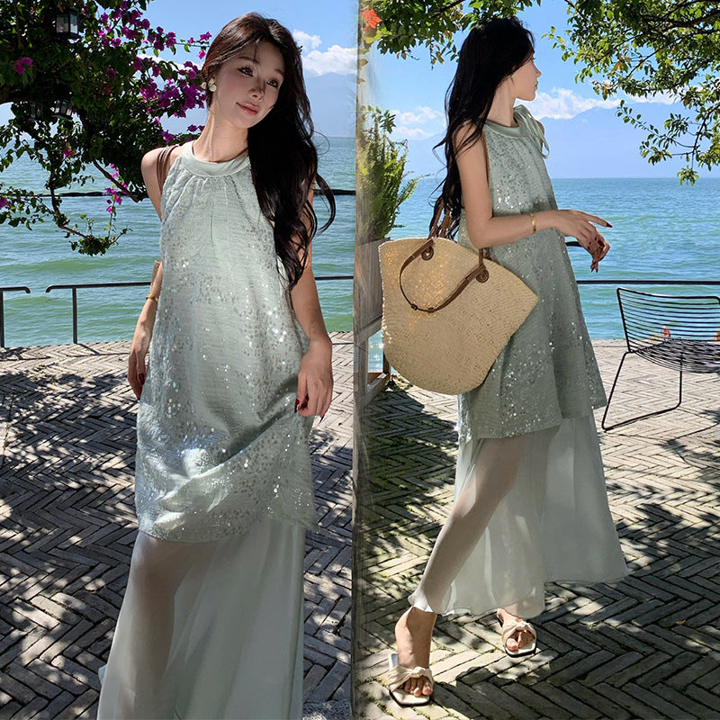 sequined holiday style skirt women's summer new bow sleeveless dress mesh stitching fake two-piece long dress