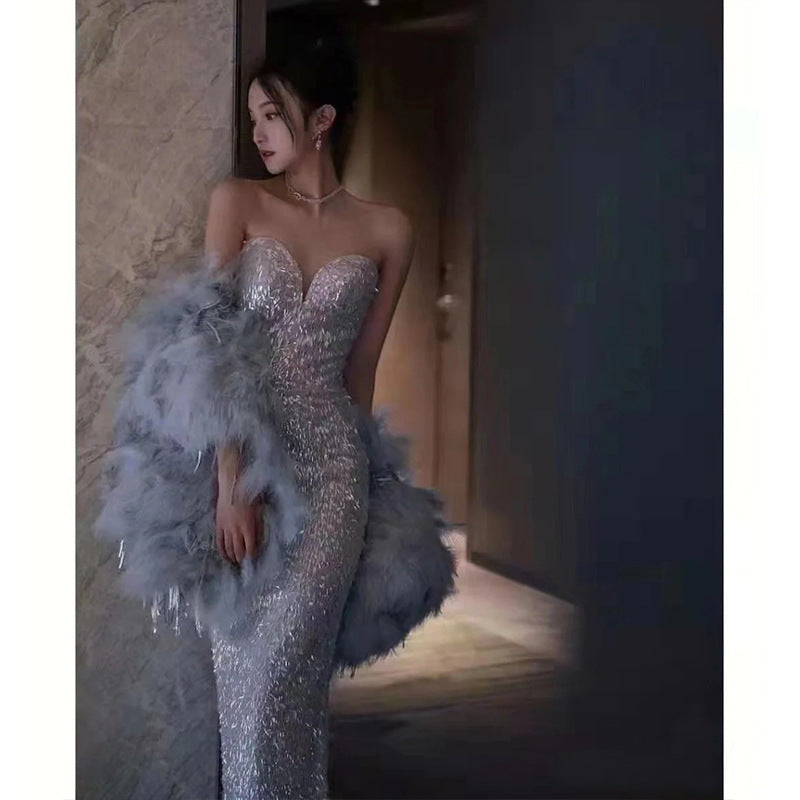 S sexy gray tube top fishtail evening dress 2025 new spring bridal toasting dress host performance wedding ceremony