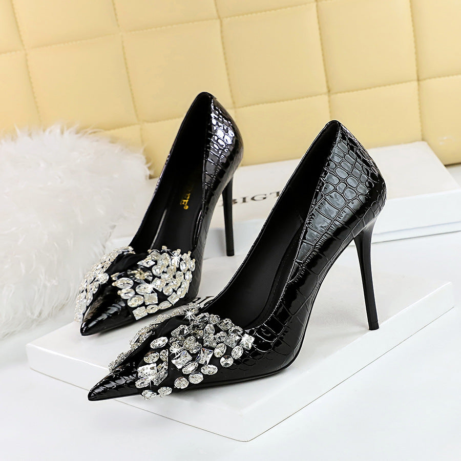 2025 3391-H9 Korean version of fashion banquet high heels thin heel super high heel shallow mouth pointed rhinestone bow single shoes women