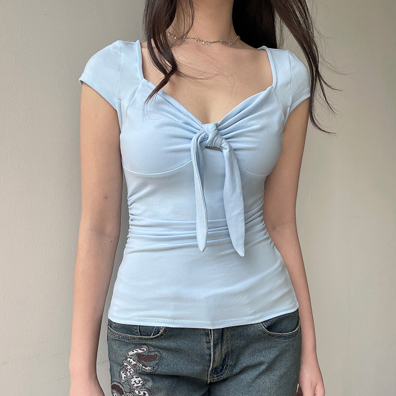 maoxiangshop 2000s fashion French Gentle Style Bow Chest T-shirt Pleated Waist Slimming Cute Rabbit Ears Lace-up V-neck All-Match Top