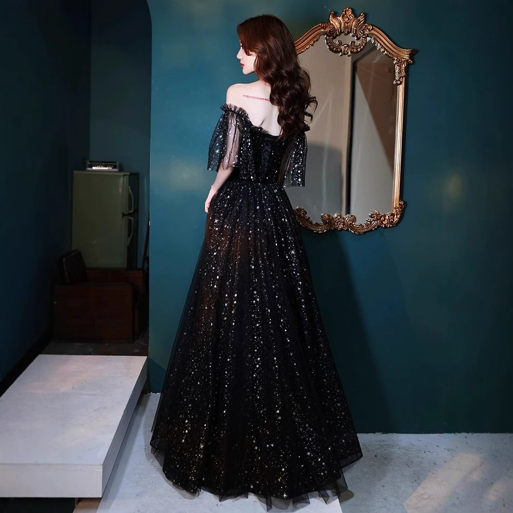 2025 Black adult birthday party evening dress female high-end light luxury niche advanced sense art test performance host