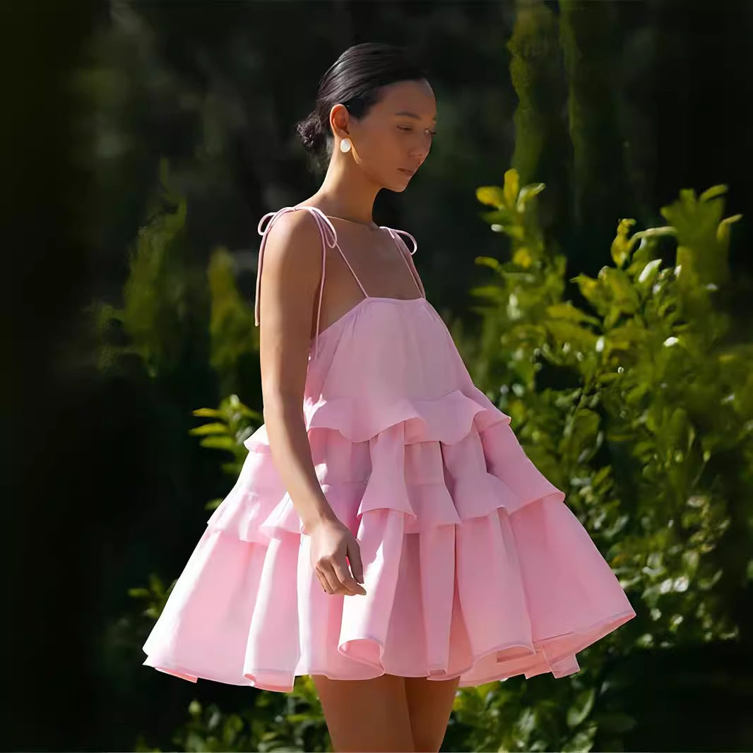 august outfits Sling Dress Summer Multi-Layer Ruffled Cake Skirt Short Backless Sling Dress