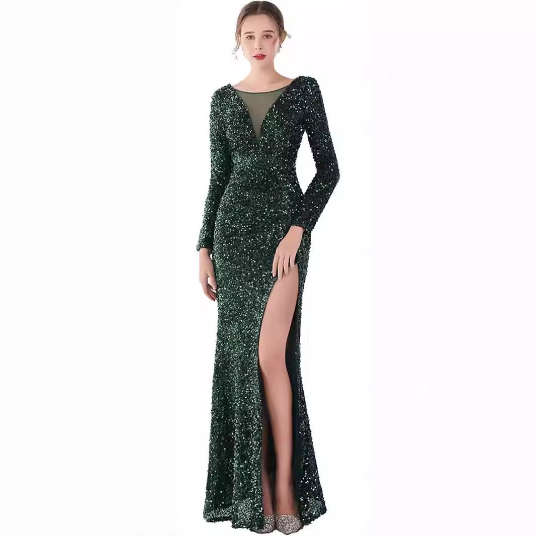 MAOXIANGSHOP popular New solid color chest wrap sequined high waist temperament commuting sweet long dress waist long dress split dress