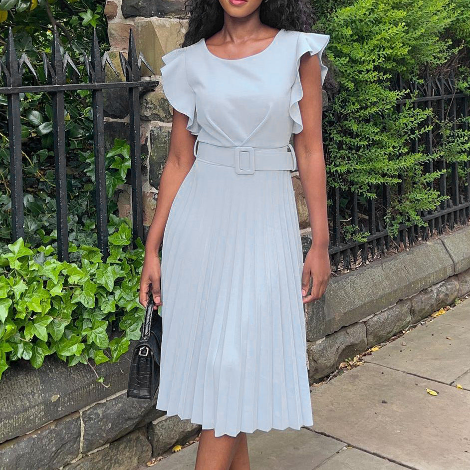 2025 D270 with belt 2022 summer independent station Popular trade lotus leaf sleeve round neck waist pleated New 2025 dress