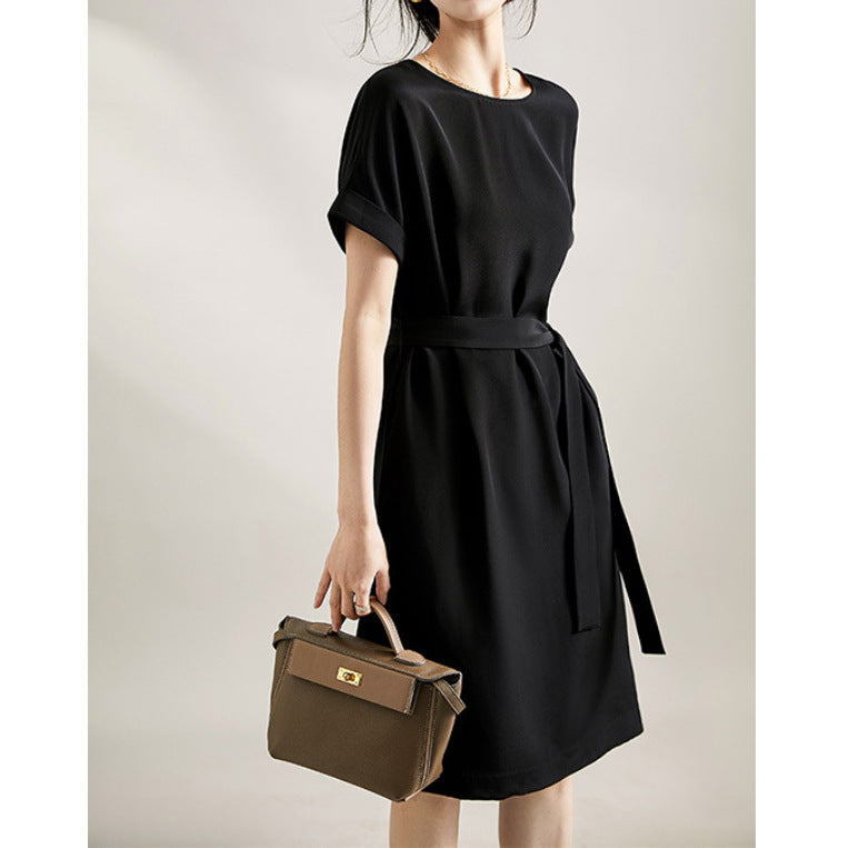 2025 High-end heavy silk, temperament lace-up dress, mulberry silk women's new medium and long skirt summer