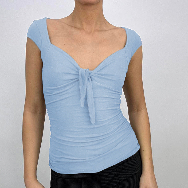 maoxiangshop 2000s fashion French Gentle Style Bow Chest T-shirt Pleated Waist Slimming Cute Rabbit Ears Lace-up V-neck All-Match Top
